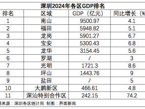 深圳各区2024年GDP：龙岗甩掉宝安直追福田，罗湖增速全市垫底|界面新闻